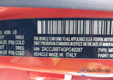 2016 Jeep Renegade Latitude z USA, uszkodzony, nr VIN ZACCJBBT4GPC49287